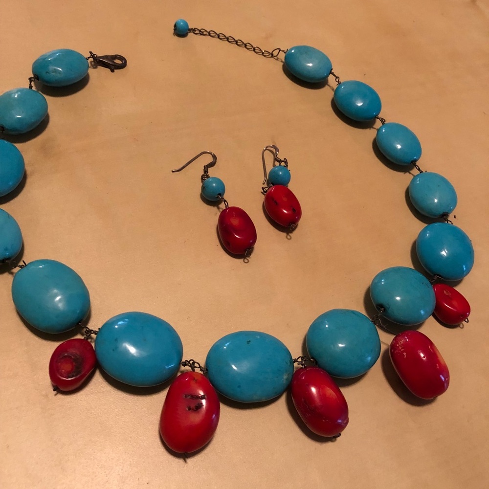 Turquoise & coral sterling necklace earring set - Picture 2 of 5